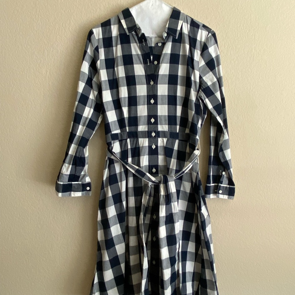 JCrew Navy and White Gingham Belted Dress